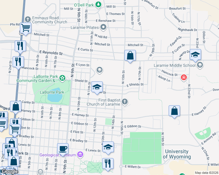 map of restaurants, bars, coffee shops, grocery stores, and more near 1308 Shield Street in Laramie