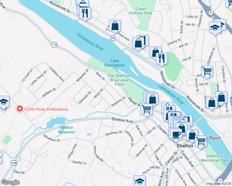 map of restaurants, bars, coffee shops, grocery stores, and more near 56 New Street in Shelton