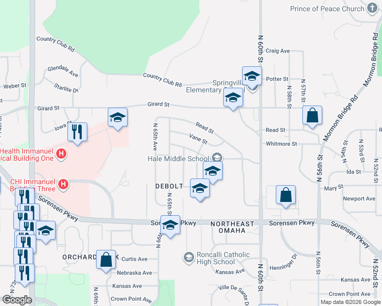 map of restaurants, bars, coffee shops, grocery stores, and more near 6315 Whitmore Street in Omaha