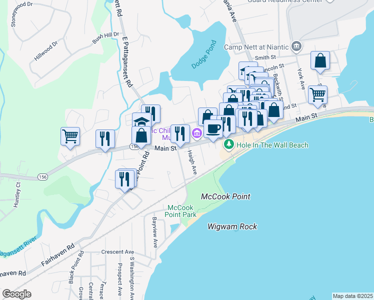 map of restaurants, bars, coffee shops, grocery stores, and more near 14 Haigh Avenue in East Lyme