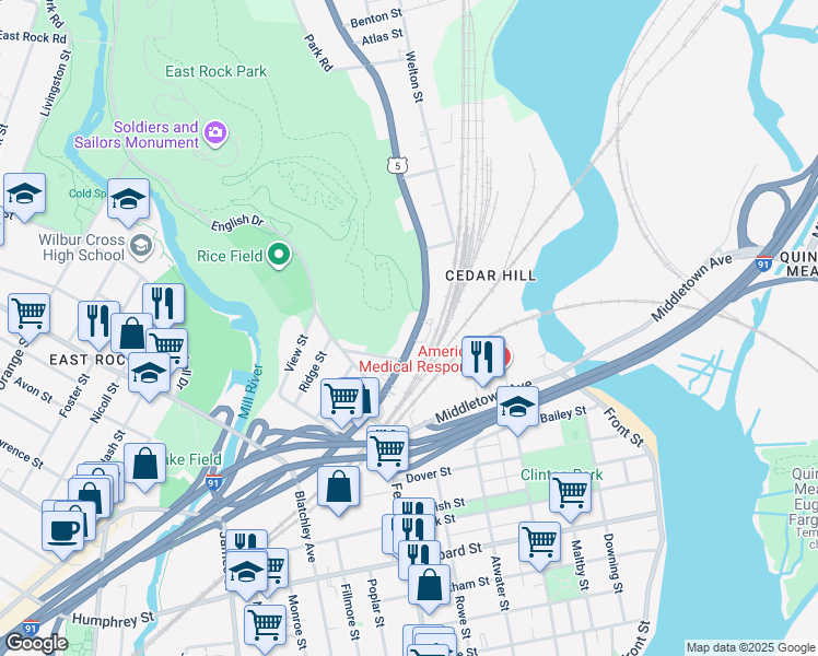 map of restaurants, bars, coffee shops, grocery stores, and more near 1416 State Street in New Haven