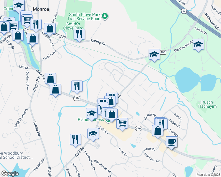 map of restaurants, bars, coffee shops, grocery stores, and more near 8 Forshee Street in Monroe
