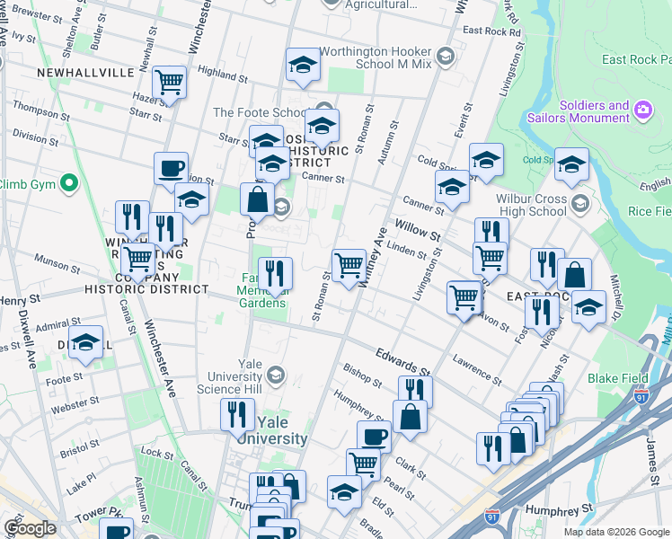 map of restaurants, bars, coffee shops, grocery stores, and more near 247 Saint Ronan Street in New Haven