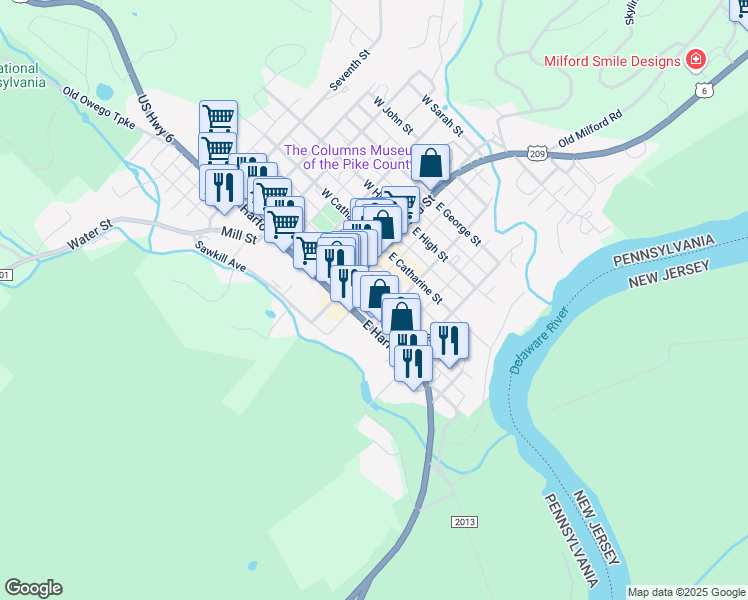 map of restaurants, bars, coffee shops, grocery stores, and more near 109 East Ann Street in Milford