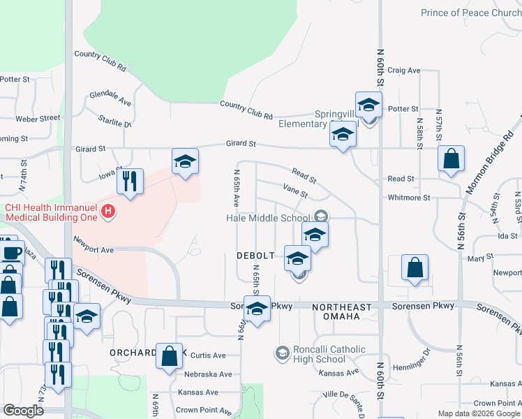 map of restaurants, bars, coffee shops, grocery stores, and more near 7015 North 65th Street in Omaha