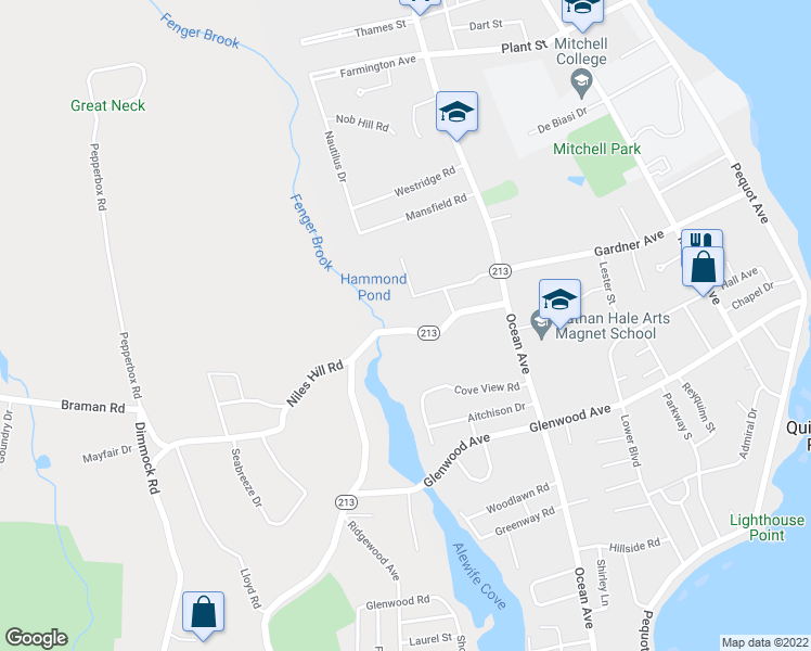 map of restaurants, bars, coffee shops, grocery stores, and more near 107 Niles Hill Road in New London