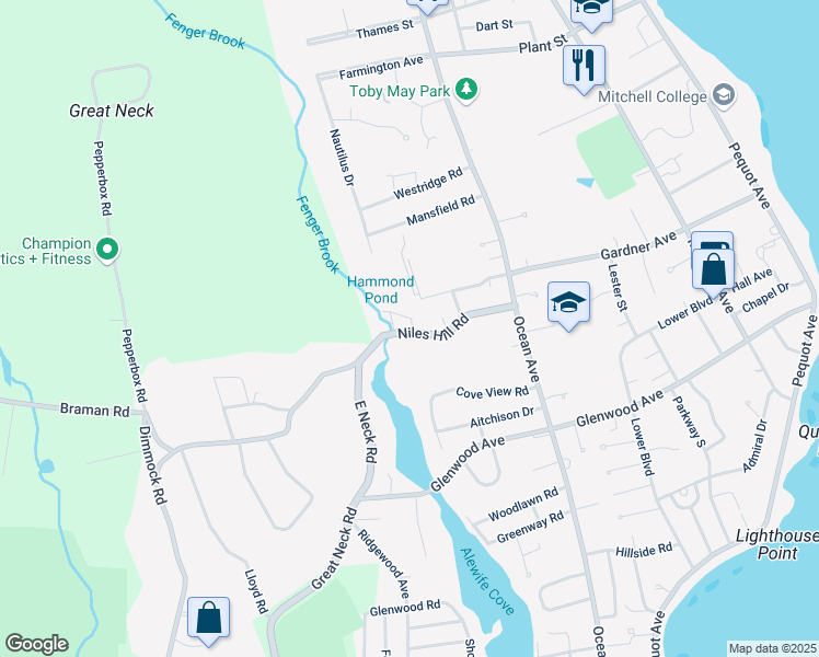 map of restaurants, bars, coffee shops, grocery stores, and more near 107 Niles Hill Road in New London