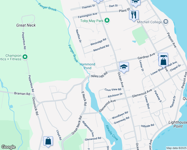 map of restaurants, bars, coffee shops, grocery stores, and more near 107 Niles Hill Road in New London