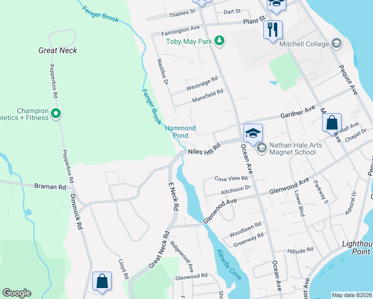 map of restaurants, bars, coffee shops, grocery stores, and more near 107 Niles Hill Road in New London