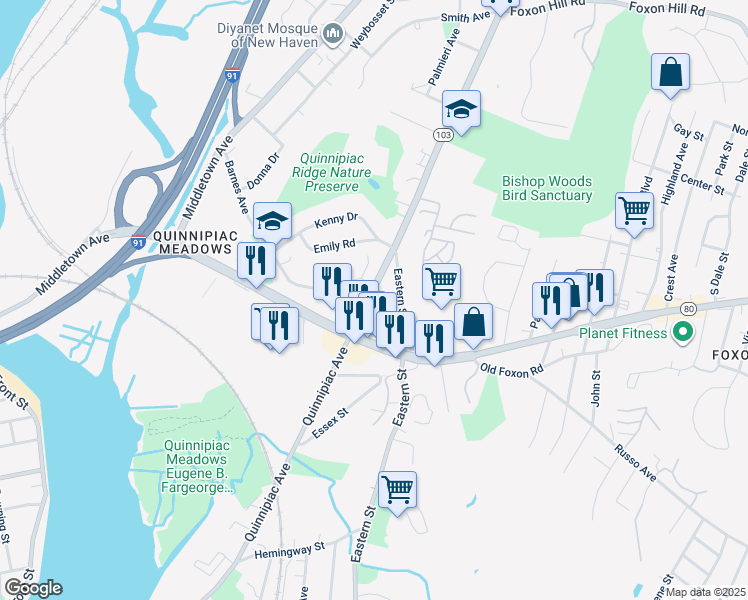 map of restaurants, bars, coffee shops, grocery stores, and more near 1299 Quinnipiac Avenue in New Haven