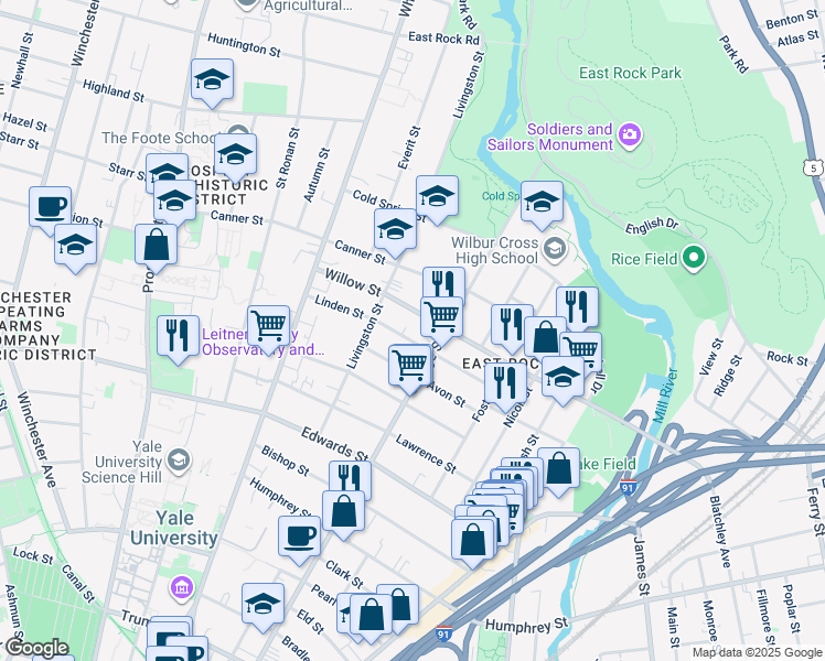 map of restaurants, bars, coffee shops, grocery stores, and more near 109 Linden Street in New Haven