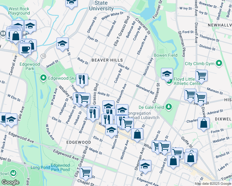 map of restaurants, bars, coffee shops, grocery stores, and more near in New Haven