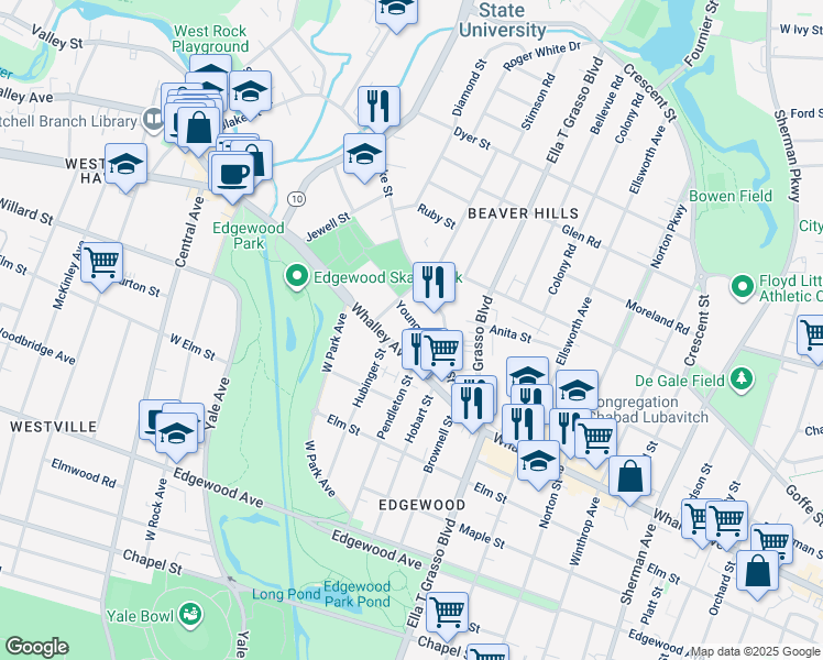 map of restaurants, bars, coffee shops, grocery stores, and more near in New Haven