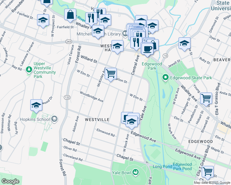 map of restaurants, bars, coffee shops, grocery stores, and more near 123 Marvel Road in New Haven