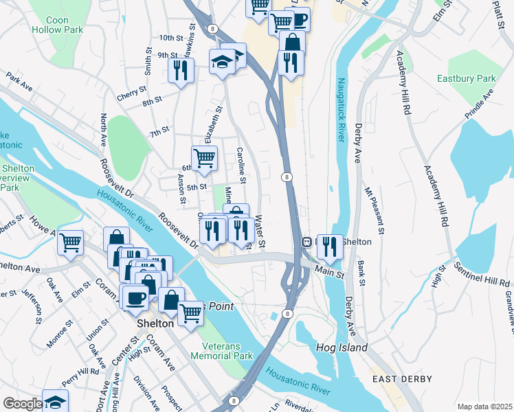 map of restaurants, bars, coffee shops, grocery stores, and more near 159 Caroline Street in Derby