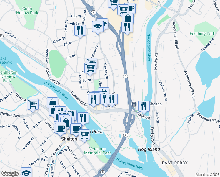 map of restaurants, bars, coffee shops, grocery stores, and more near 159 Caroline Street in Derby