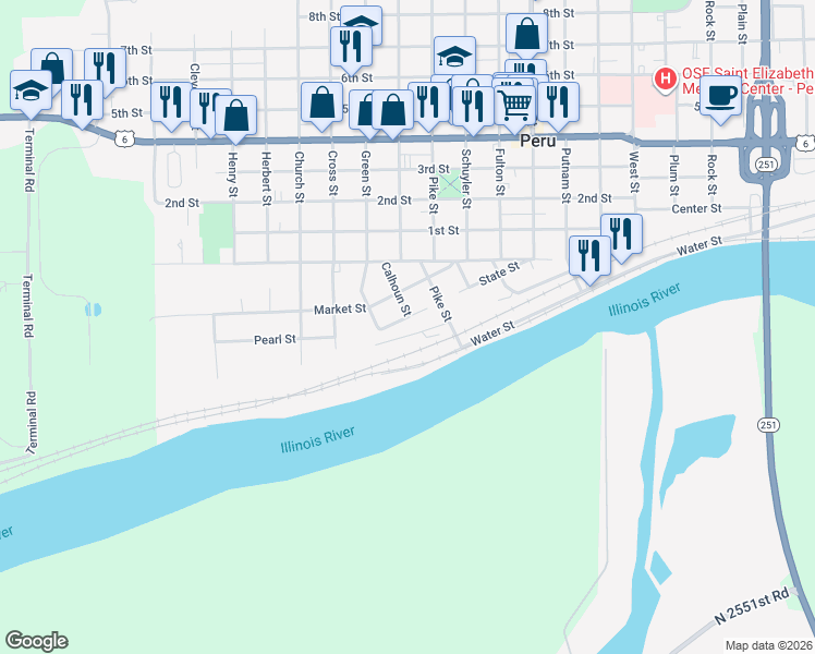 map of restaurants, bars, coffee shops, grocery stores, and more near 2222 State Street in Peru