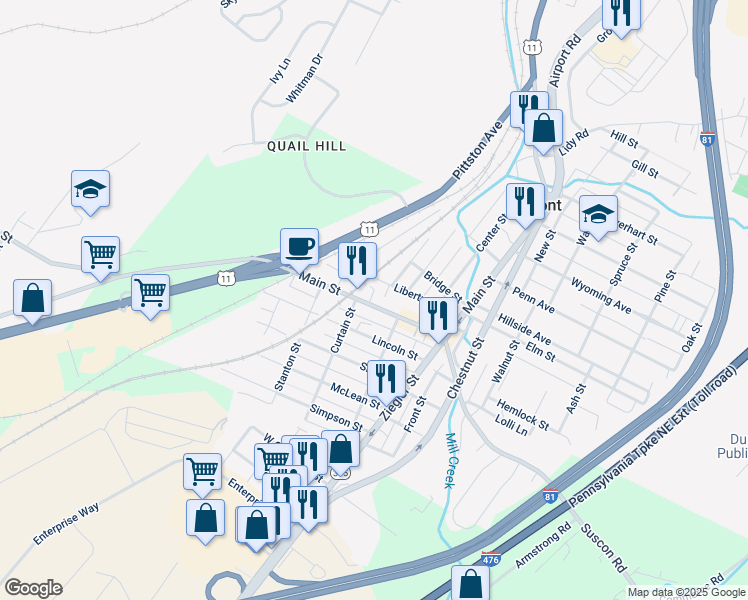 map of restaurants, bars, coffee shops, grocery stores, and more near 422 Main Street in Dupont