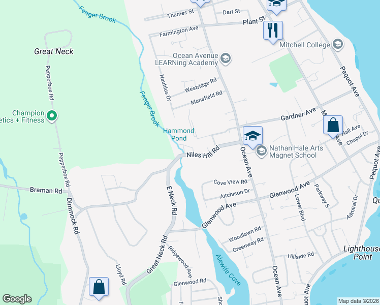 map of restaurants, bars, coffee shops, grocery stores, and more near 107 Niles Hill Road in New London