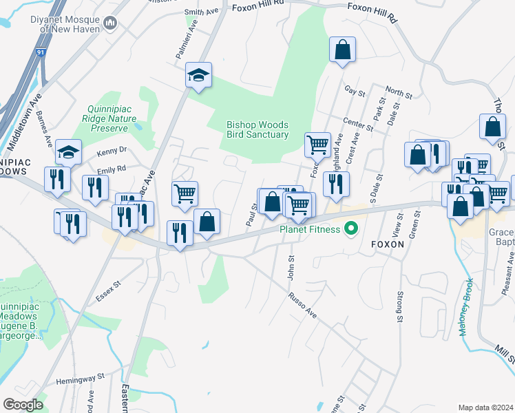 map of restaurants, bars, coffee shops, grocery stores, and more near 75 Paul Street in East Haven