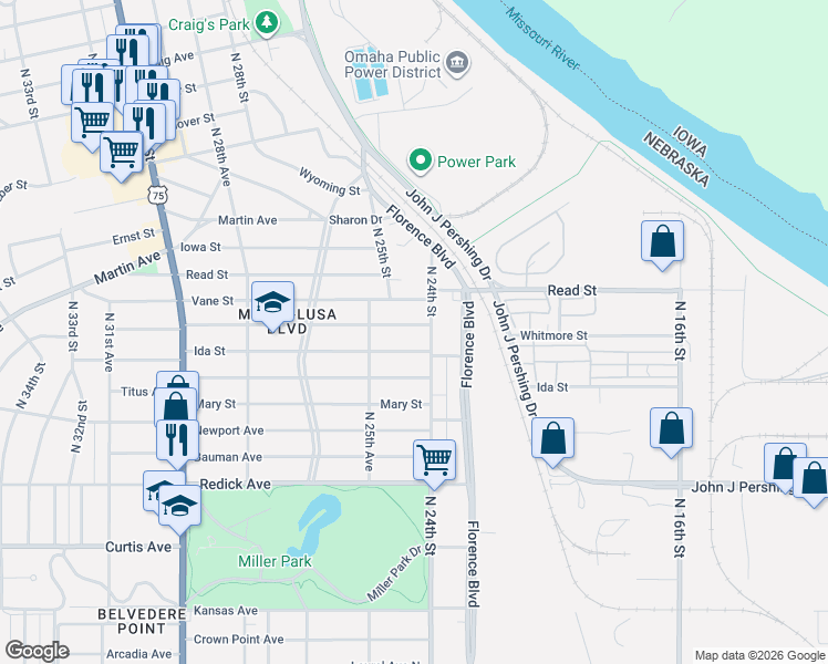 map of restaurants, bars, coffee shops, grocery stores, and more near 2411 Whitmore Street in Omaha