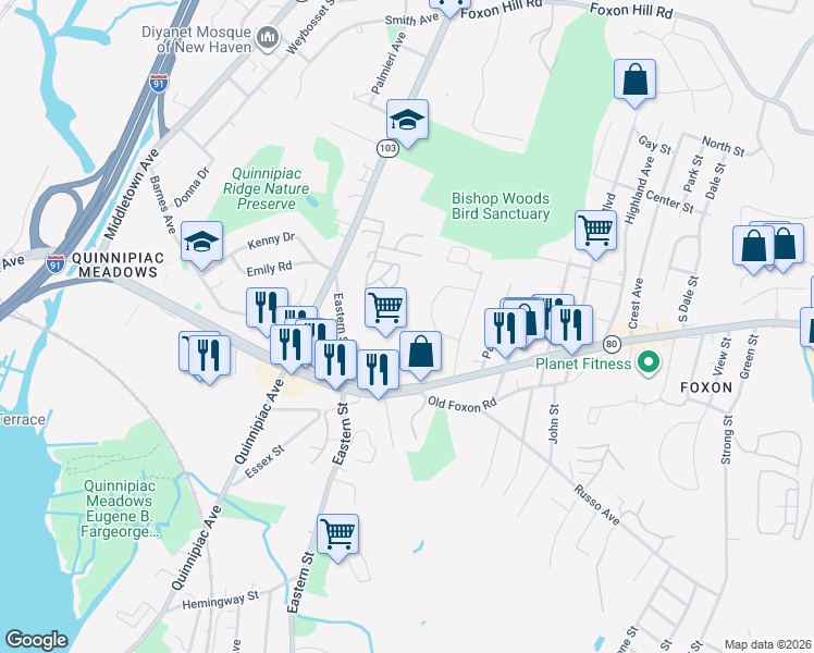 map of restaurants, bars, coffee shops, grocery stores, and more near in East Haven