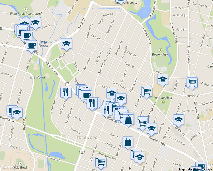 map of restaurants, bars, coffee shops, grocery stores, and more near 95 Anita Street in New Haven