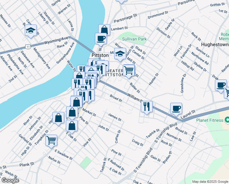 map of restaurants, bars, coffee shops, grocery stores, and more near 8 Foundry Street in Pittston