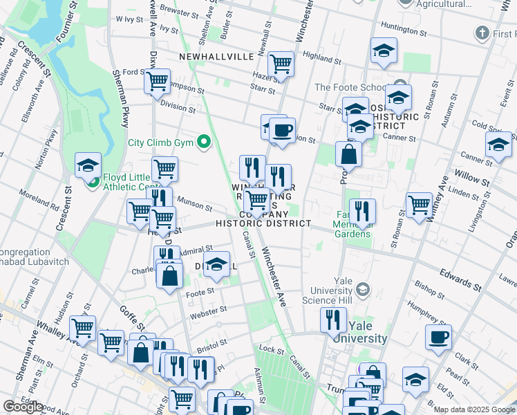 map of restaurants, bars, coffee shops, grocery stores, and more near 301 Winchester Avenue in New Haven