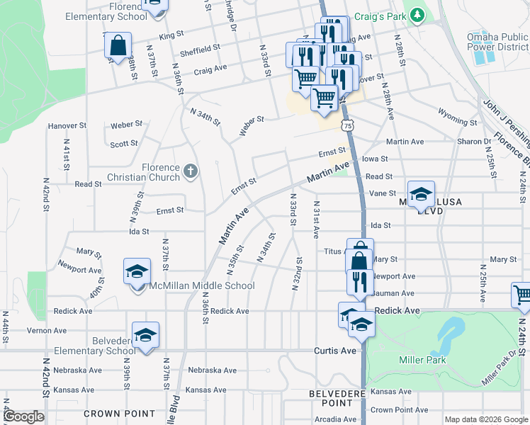 map of restaurants, bars, coffee shops, grocery stores, and more near 3334 Whitmore St in Omaha