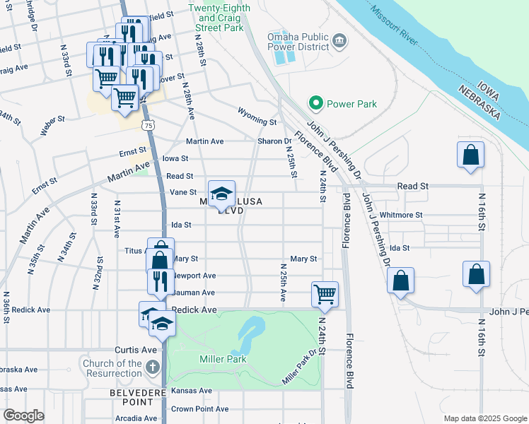 map of restaurants, bars, coffee shops, grocery stores, and more near 2573 Whitmore Street in Omaha