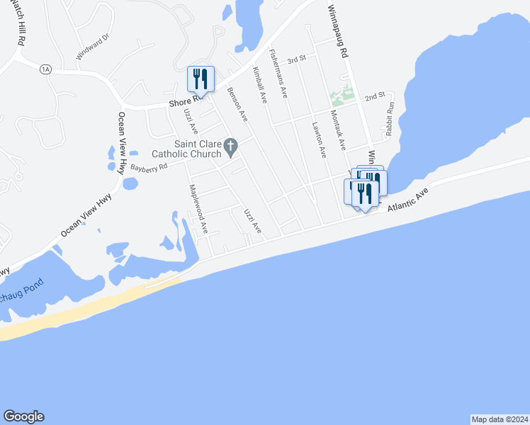 map of restaurants, bars, coffee shops, grocery stores, and more near 16 Crandall Ave in Westerly