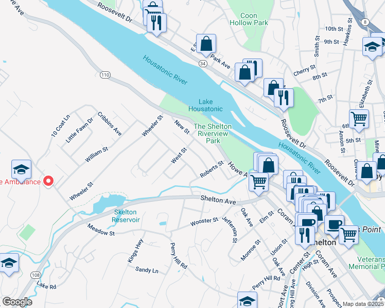 map of restaurants, bars, coffee shops, grocery stores, and more near 80 Lakeview Avenue in Shelton