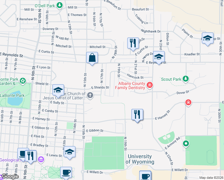 map of restaurants, bars, coffee shops, grocery stores, and more near 1167 North 18th Street in Laramie