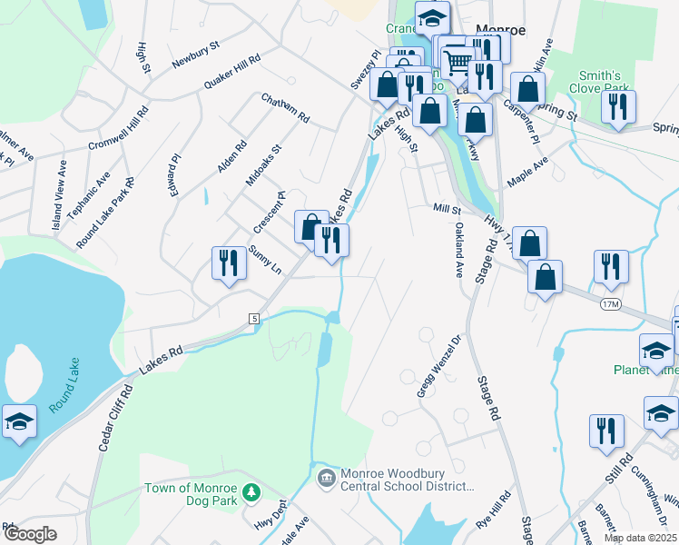 map of restaurants, bars, coffee shops, grocery stores, and more near 25 Center Hill Road in Monroe