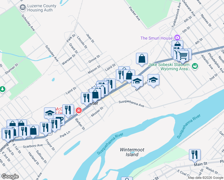 map of restaurants, bars, coffee shops, grocery stores, and more near 1150 Wyoming Avenue in Exeter