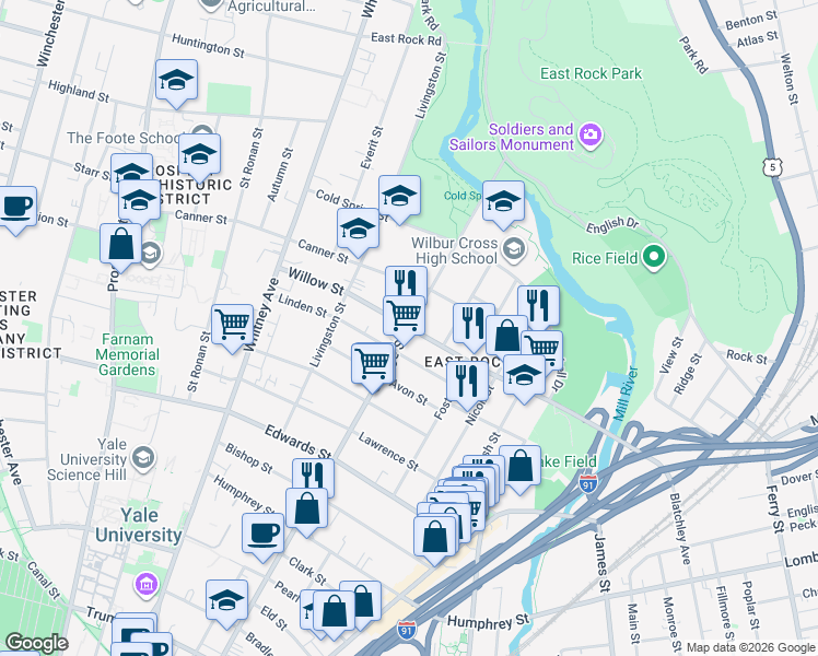 map of restaurants, bars, coffee shops, grocery stores, and more near Willow St & Orange St in New Haven