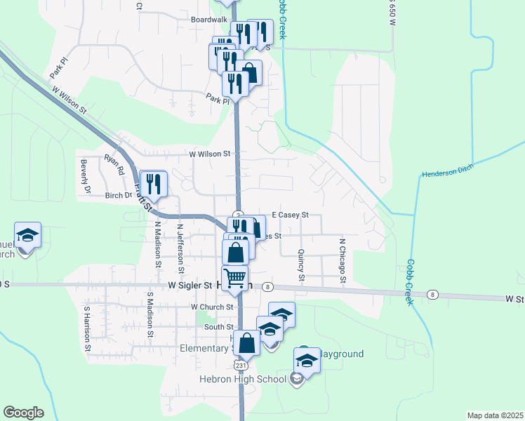 map of restaurants, bars, coffee shops, grocery stores, and more near 201 East Casey Street in Hebron