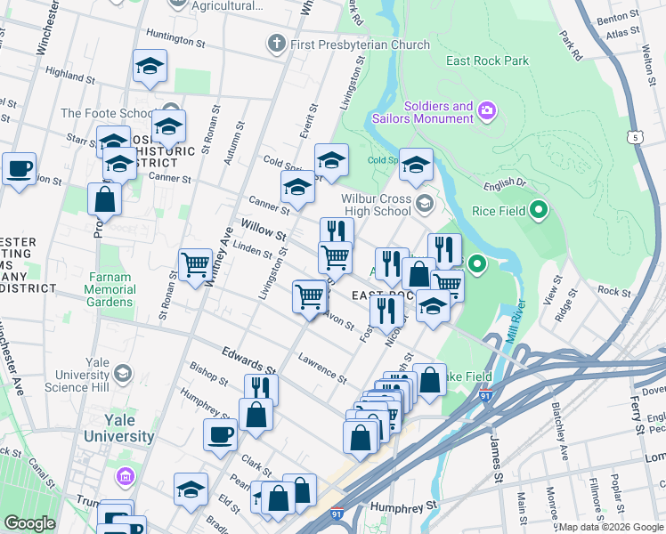 map of restaurants, bars, coffee shops, grocery stores, and more near 790 Orange Street in New Haven