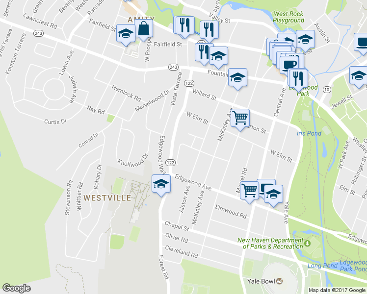 map of restaurants, bars, coffee shops, grocery stores, and more near 105 Woodside Terrace in New Haven