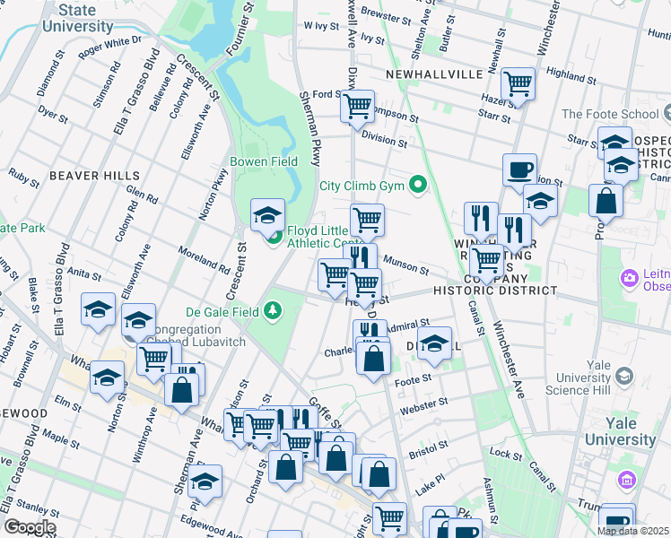 map of restaurants, bars, coffee shops, grocery stores, and more near 782 Orchard Street in New Haven