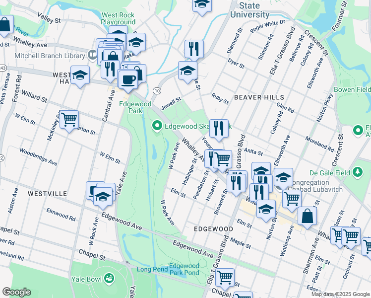 map of restaurants, bars, coffee shops, grocery stores, and more near 642 Whalley Avenue in New Haven
