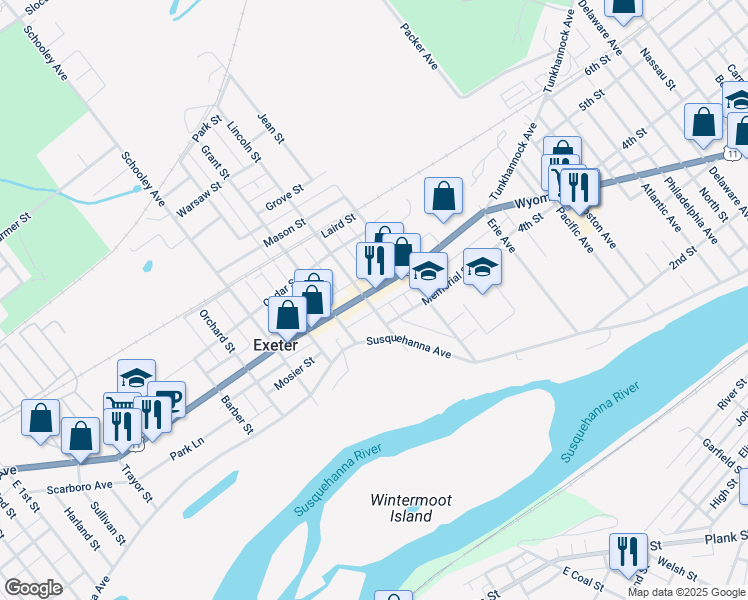 map of restaurants, bars, coffee shops, grocery stores, and more near 1091 Wyoming Avenue in Exeter