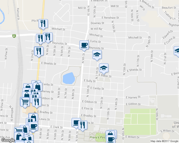 map of restaurants, bars, coffee shops, grocery stores, and more near 1152 North 10th Street in Laramie