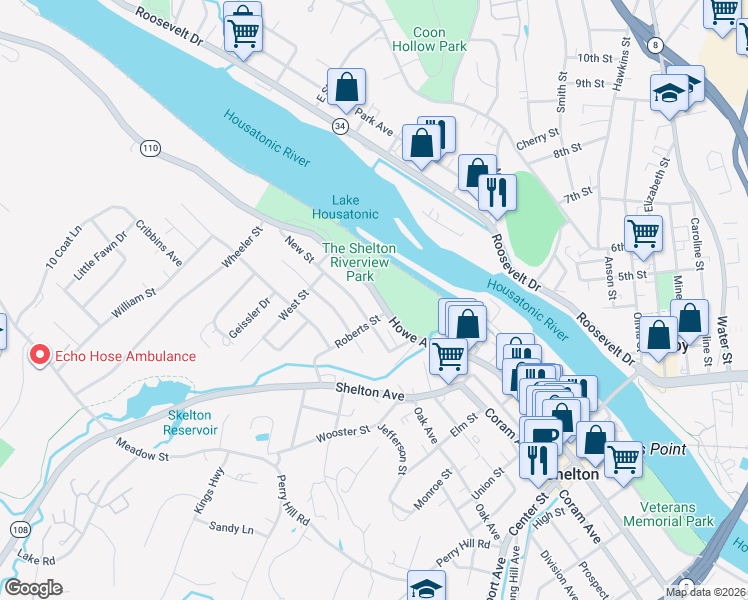 map of restaurants, bars, coffee shops, grocery stores, and more near 706 Howe Avenue in Shelton