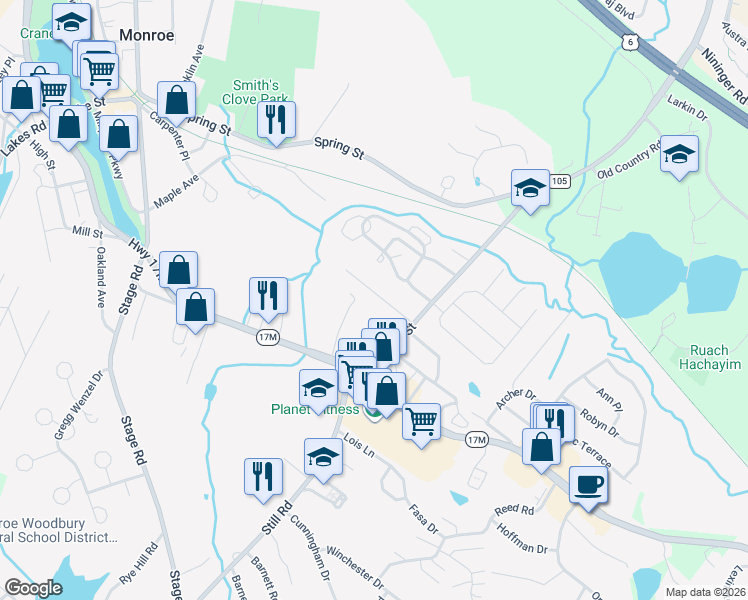 map of restaurants, bars, coffee shops, grocery stores, and more near 8 Forshee Street in Monroe