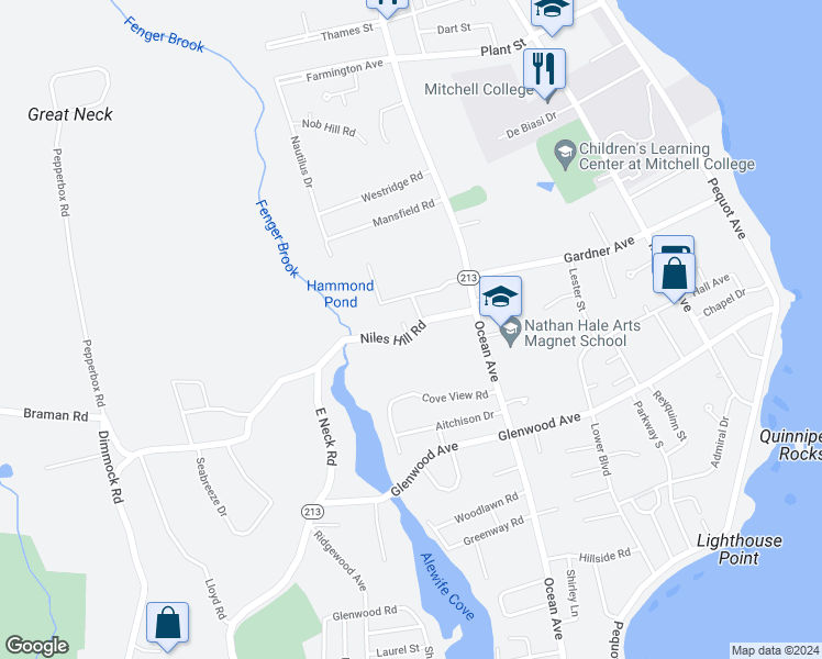 map of restaurants, bars, coffee shops, grocery stores, and more near 95 Niles Hill Road in New London