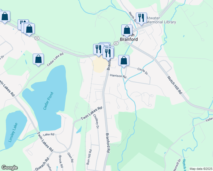 map of restaurants, bars, coffee shops, grocery stores, and more near 241 Branford Road in North Branford