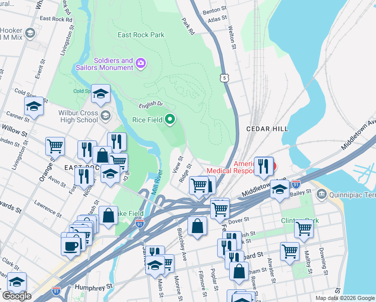 map of restaurants, bars, coffee shops, grocery stores, and more near 90 Rock Street in New Haven