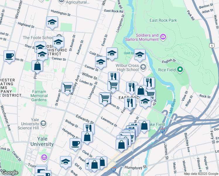 map of restaurants, bars, coffee shops, grocery stores, and more near in New Haven
